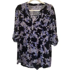 Cocomo Size 1X Floral Print Stretchy Tunic Blouse Top Purple Black 3/4 sleeve